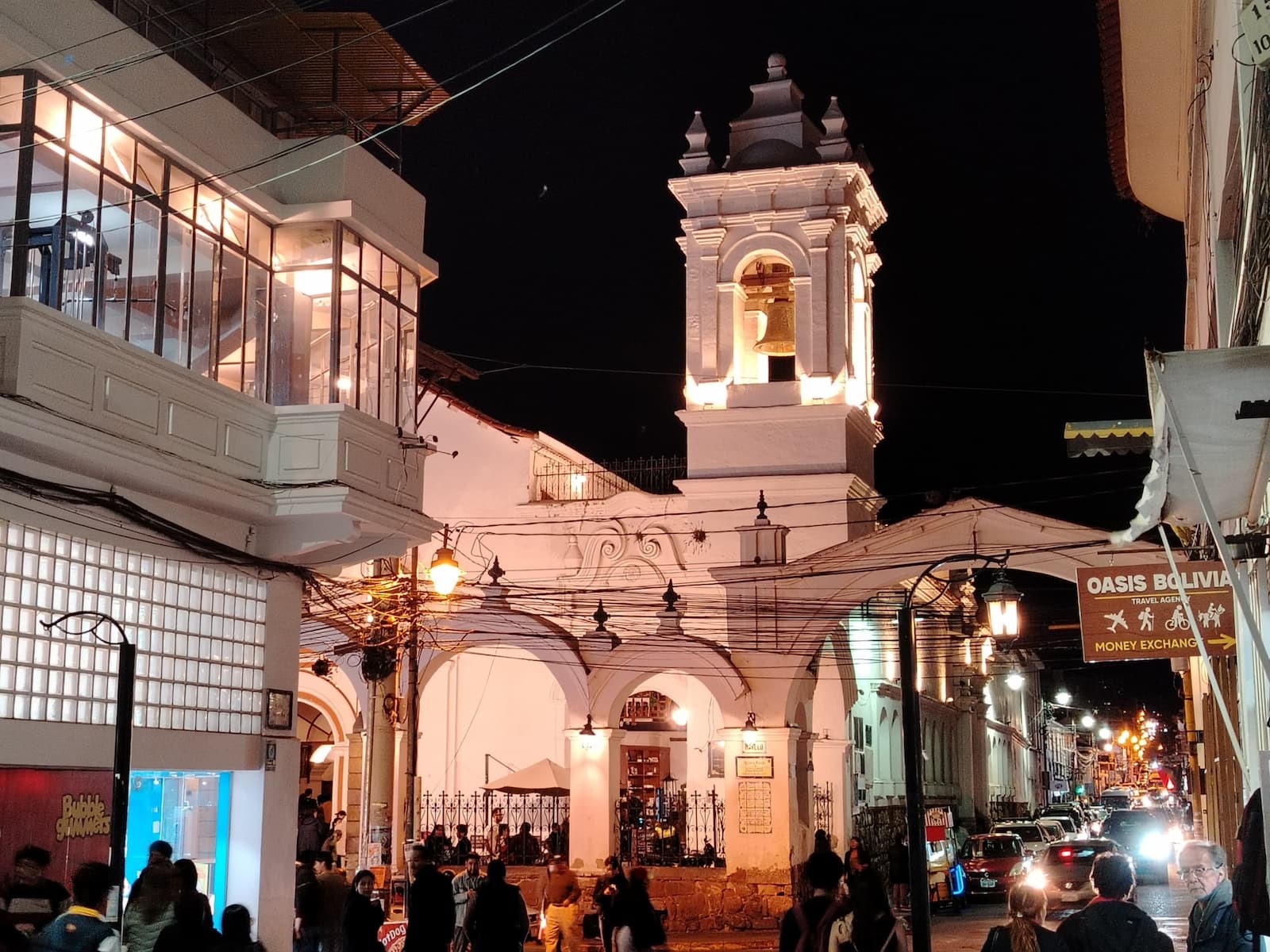 Colonial church illuminated at night during Holy Week celebrations in Sucre Bolivia