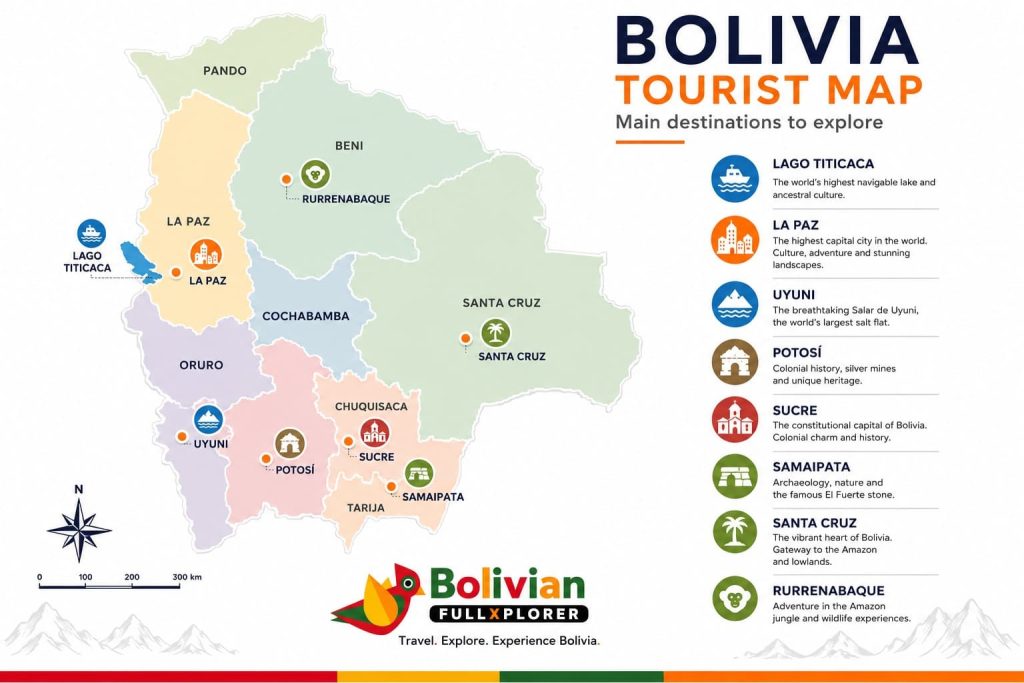 Tourist map of Bolivia showing the country's main travel destinations, including Uyuni Salt Flats, La Paz, Sucre, Lake Titicaca, Santa Cruz, Samaipata, Potosí and Rurrenabaque.