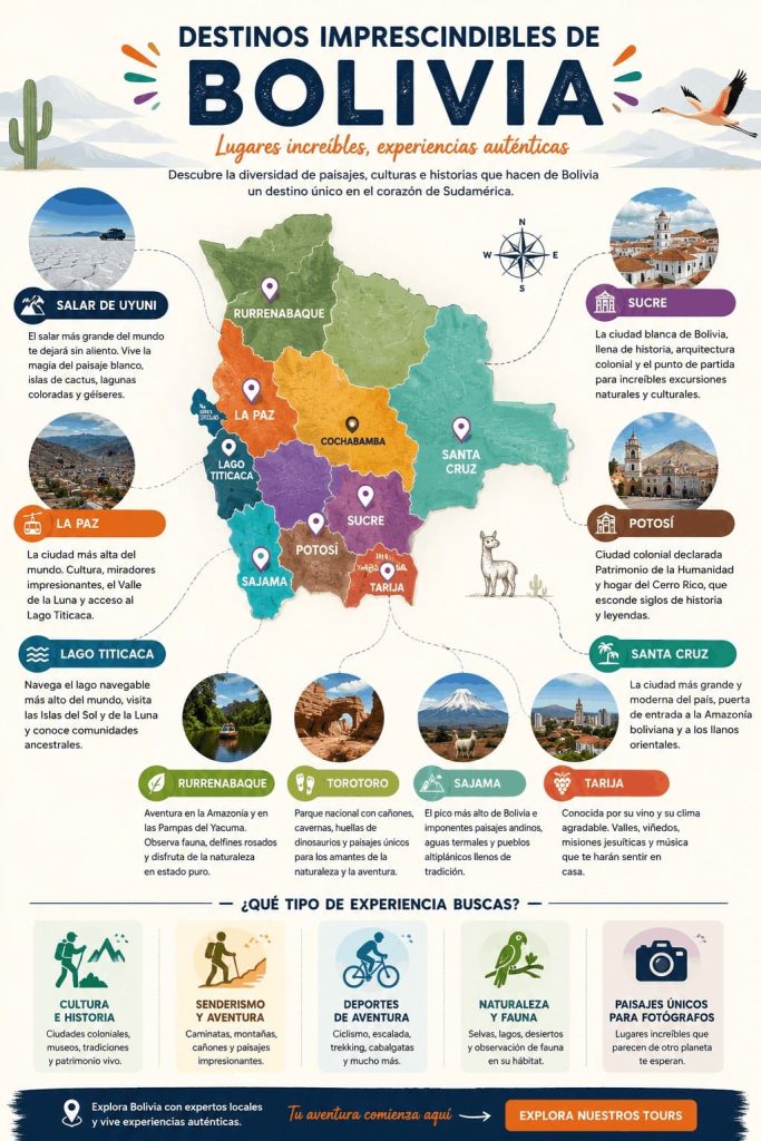 Mapa ilustrado de los principales destinos turísticos de Bolivia con Uyuni, Sucre, La Paz, Lago Titicaca, Rurrenabaque, Santa Cruz, Potosí, Tarija, Sajama y Torotoro.