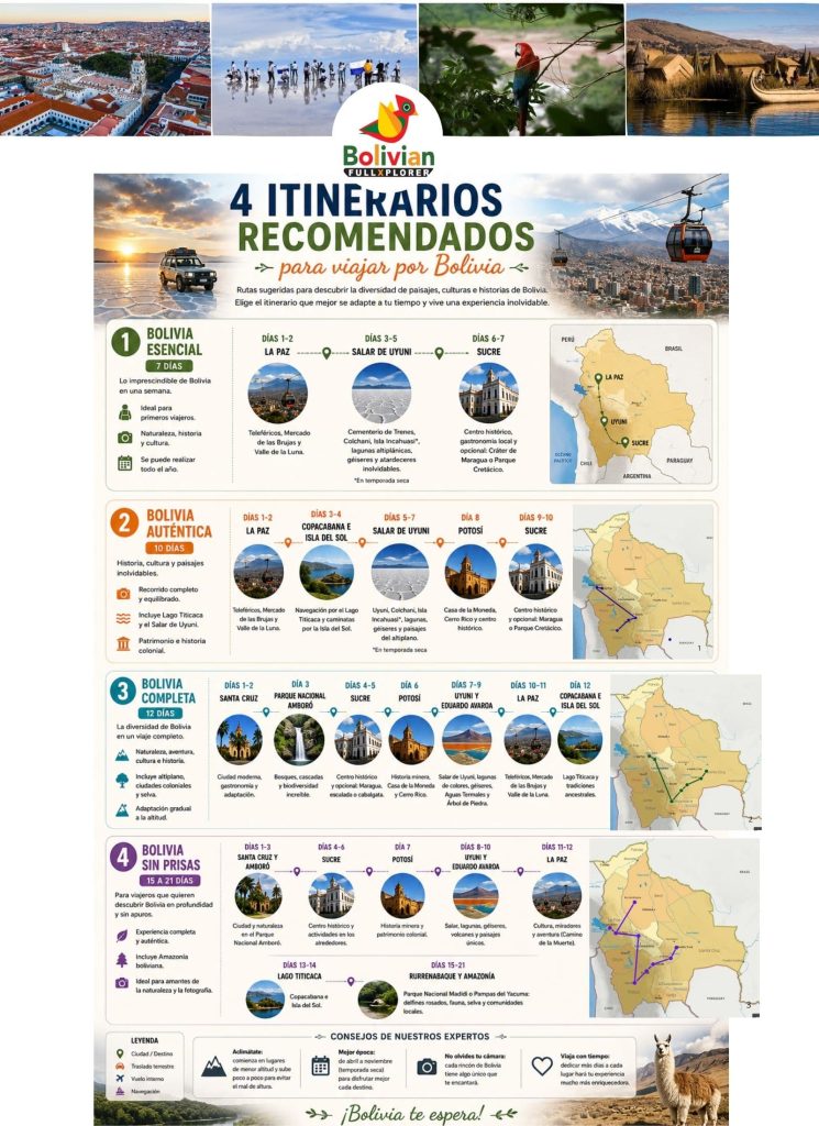 Infografía con 4 itinerarios recomendados para viajar por Bolivia de 7, 10, 12 y 15 a 21 días, incluyendo La Paz, Sucre, Salar de Uyuni, Lago Titicaca, Rurrenabaque y Santa Cruz.