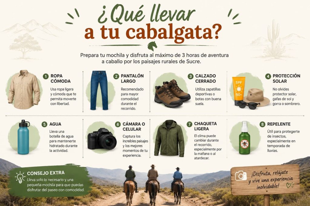 Infografía sobre qué llevar para una cabalgata privada de 3 horas en Sucre, Bolivia