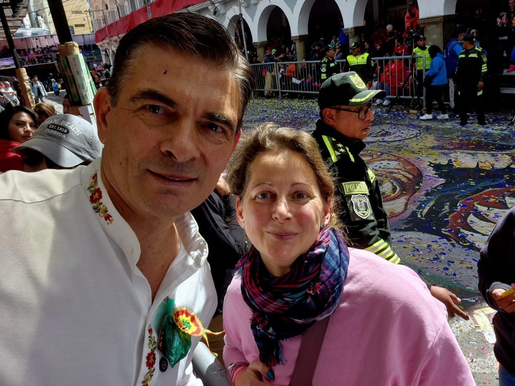 Traveler in the Premium seating area at the Oruro Carnival