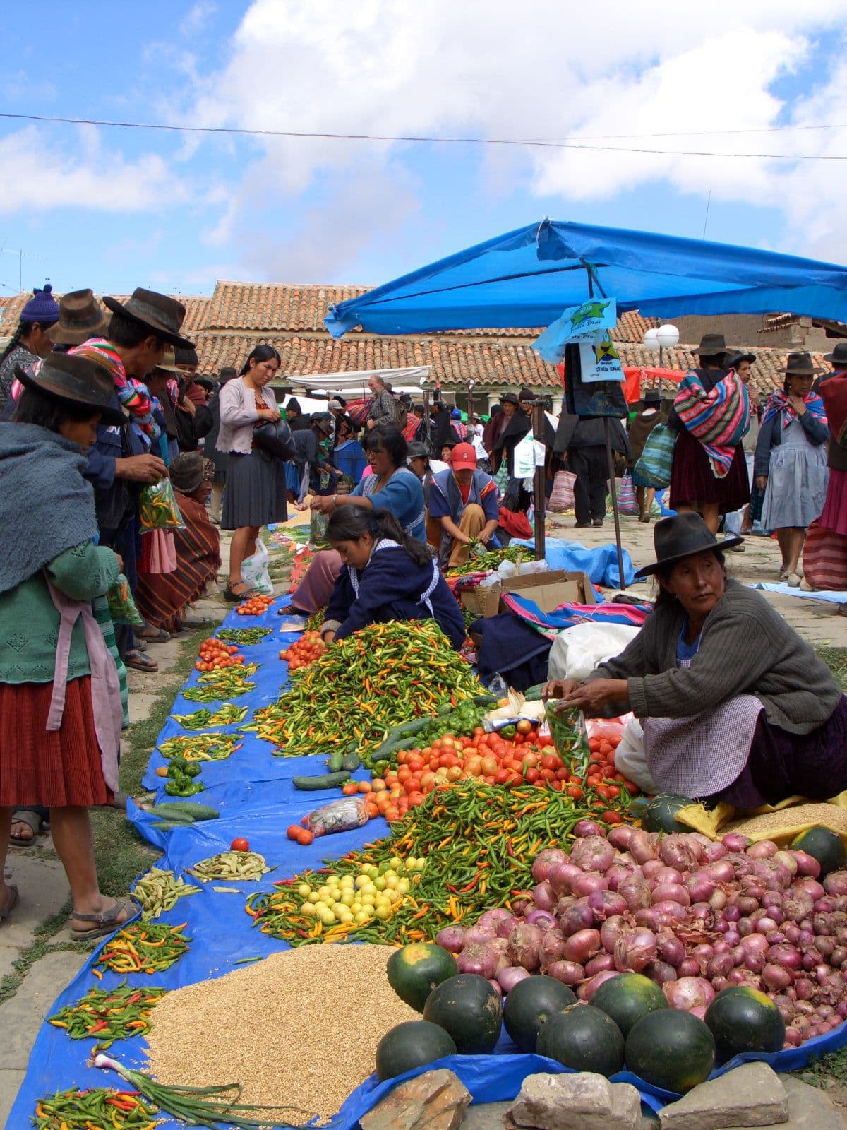 Traditional market life in Tarabuco, Bolivia, with local people wearing Andean clothing